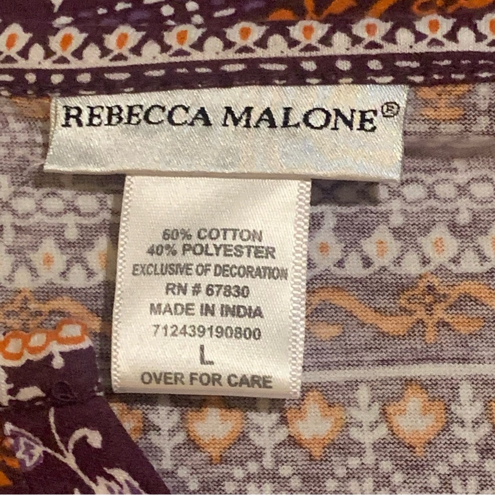 Rebecca Malone Plum Burgundy Orange Tunic Blouse Shirt Top Floral V-Neck Size L - Picture 4 of 12